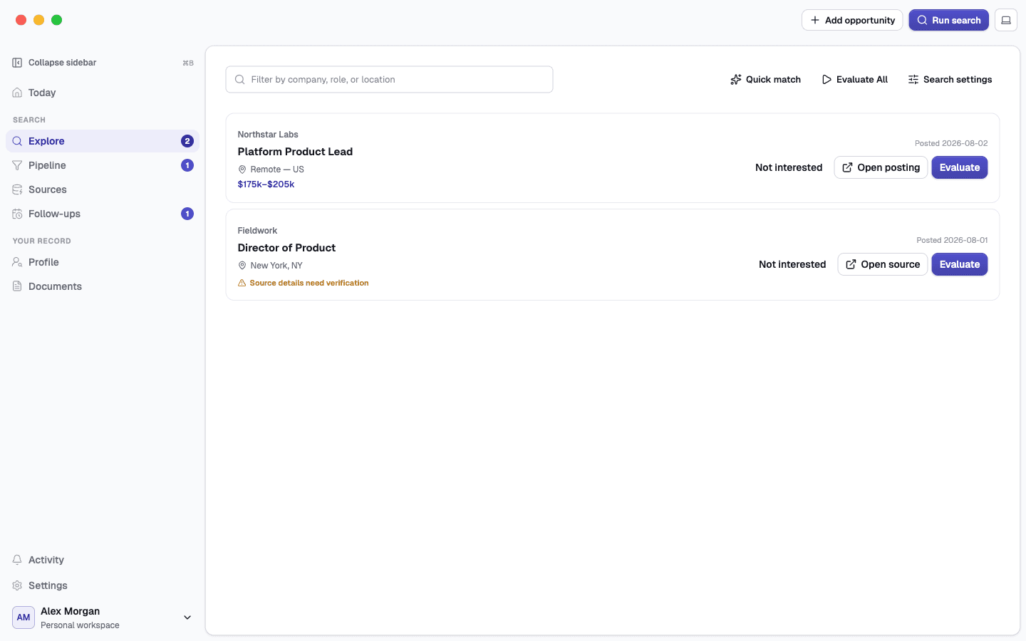 Jobber Explore showing two synthetic opportunities with quick match and evaluation controls